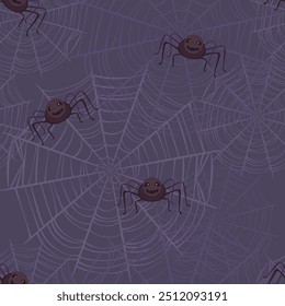 Seamless pattern with scary spiders on the web. Halloween dark background. Vector cartoon flat illustration