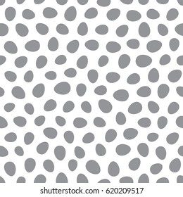 Seamless pattern of scatter grey easter eggs on white background. Holiday monochrome background for greeting card, website, printing on fabric, gift wrap, postcard and wallpapers. Vector illustration.