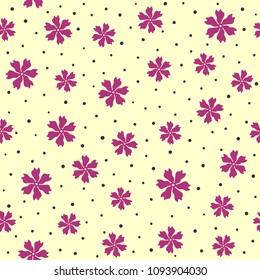Seamless pattern with scattered abstract flowers and rounded dots. Endless floral print for women. Feminine vector illustration.