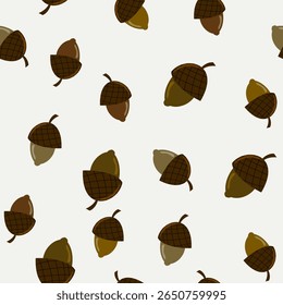 Padrão contínuo de bolotas de outono espalhadas em tons de terra. Design vetorial minimalista, perfeito para fundos de outono e decoração de bebê com tema de floresta.