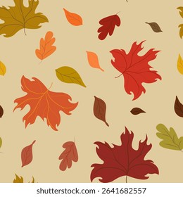 Seamless pattern of scattered autumn leaves in warm fall colors (red, orange, yellow, brown, olive green) on a light beige background. Ideal for cozy seasonal designs and fabrics.