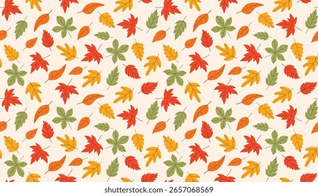 Patrón sin fisuras con hojas de otoño dispersas en estilo de dibujos animados planos. El orden desordenado crea una textura dinámica ideal para impresiones de otoño, empaques y proyectos artesanales.
