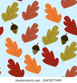 Seamless pattern of scattered autumn oak leaves and wavy rows of acorns on a light blue background. Ideal for nature-themed fall decorations., digital prints, and autumnal wrapping paper.