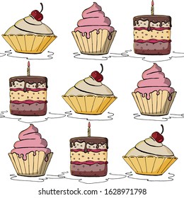 A seamless pattern of scattered cakes and pastries on the surface. Vector illustration.