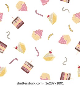 A seamless pattern of scattered cakes and pastries on the surface. Vector illustration.