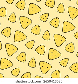 Padrão contínuo de chips de tortilla de desenhos animados espalhados, perfeito para embalagem de lanche, temas de comida mexicana e desenhos festivos