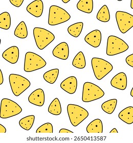 Padrão contínuo de chips de tortilla de desenhos animados espalhados, perfeito para embalagem de lanche, temas de comida mexicana e desenhos festivos