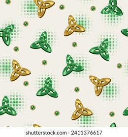 Nahtlose Muster mit verstreuten keltischen Knoten, Schild der Kundschaft, Perlen, Halbtonformen. St Patricks Day Design auf weißem Hintergrund. Vintage-Illustration für Drucke, Kleidung, Oberflächengestaltung