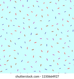 Seamless pattern with scattered coloured donut glaze. Cute vector illustration for children. Blue, purple, brown, red, turquoise.