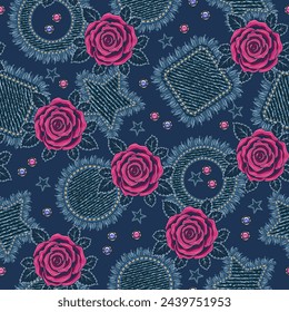 Seamless pattern with scattered denim patches with fringe, rhinestones, gems, stars, pink roses. Girls design