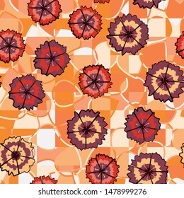 Seamless pattern of scattered flowers of carnations on a background of checkered texture with leaves. Autumn colors.