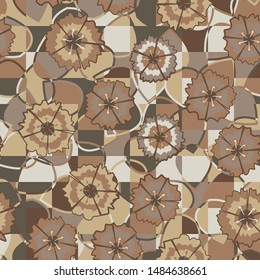 Seamless pattern of scattered flowers of carnations on a background of checkered texture with leaves. Autumn colors.
