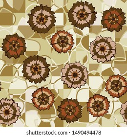 Seamless pattern of scattered flowers of carnations on a background of checkered texture with leaves. Autumn colors.
