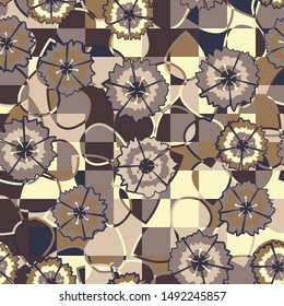 Seamless pattern of scattered flowers of carnations on a background of checkered texture with leaves. Autumn colors.
