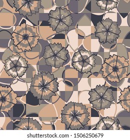 Seamless pattern of scattered flowers of carnations on a background of checkered texture with leaves. Autumn colors.