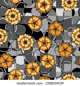 Seamless pattern of scattered flowers of carnations on a background of checkered texture with leaves. Autumn colors.