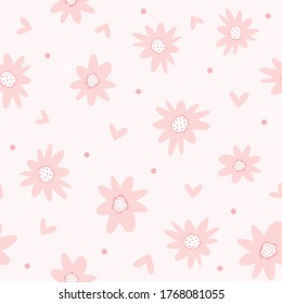 Patrón sin foco con flores, corazones y puntos dispersos. Impresión femenina. Ilustración vectorial.