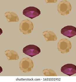 Seamless Pattern with Scattered Gemstones. Stylish Cristal Texture with Rubies and Topazes. Vector Illustration on Beige Background. You can change Color of Background. 