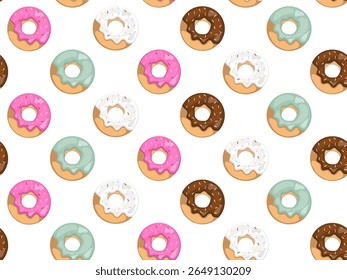Padrão contínuo de rosquinhas esmaltadas espalhadas, também comumente soletradas donuts, em vários sabores e cores com polvilhas coloridas, em fundo branco.