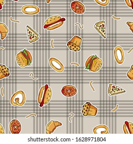 Seamless pattern of scattered hot dogs, pizza, squirrels, quacks, cupcakes, on the surface. Vector illustration.