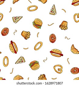Seamless pattern of scattered hot dogs, pizza, squirrels, quacks, cupcakes, on the surface. Vector illustration.