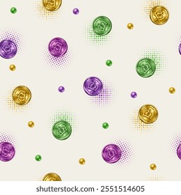 Seamless pattern with scattered Mardi Gras colorful coins, beads, halftone shapes. Holiday trinkets on white background. Vintage style illustration