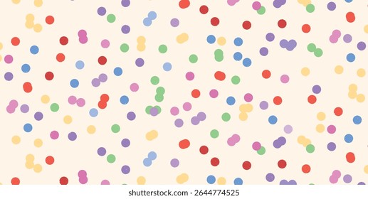 Seamless pattern with scattered multicolored confetti dots. Playful round elements in pastel red, yellow, green, purple, blue, pink on light background. Fun decorative backdrop for party themes.