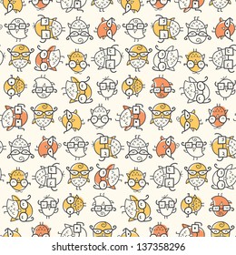 Seamless pattern of scattered nerdy birds wearing glasses. Colors can be easily changed in vector file.