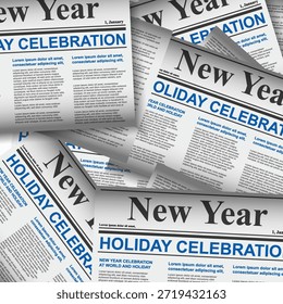 Patrón sin fisuras de titulares de periódicos dispersos que celebran las fiestas del Año Nuevo, con diseños periodísticos realistas, columnas tipográficas y texturas de papel vintage para fondos creativos editoriales.