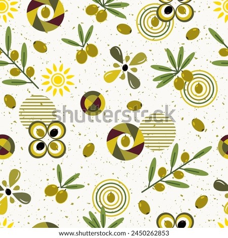Seamless pattern with scattered olive berries, olive tree branch, bunch of olives, geometric shapes on white textured background. For branding, decoration of food package, decorative print for kitchen