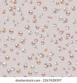 Seamless pattern with scattered pearls of pastel colors. White, beige, pink beads on light background. Calssic illustration in vintage style.