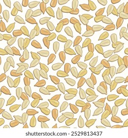 Seamless pattern with scattered peeled roasted sunflower seeds. White background. Simple graphics for branding, food packaging, prints