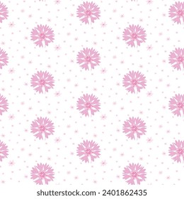 Seamless pattern with scattered pink cornflowers flowers