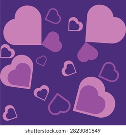 Seamless pattern of scattered pink and purple heart shapes on dark purple background, romantic Valentine's Day vector illustration