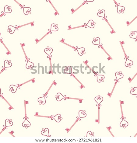 Seamless pattern of scattered pink vintage skeleton keys with heart-shaped bows 