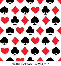Seamless pattern of scattered red and black card suits - hearts, diamonds, clubs, spades on white background. Perfect for casino, gaming, and playful designs. Vector card suits seamless pattern.