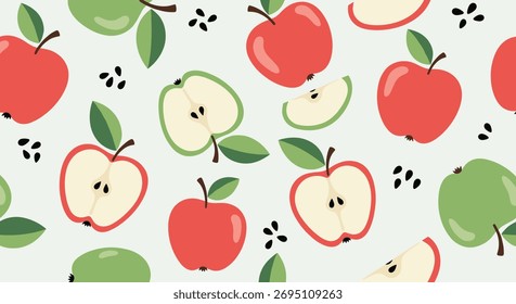 Padrão contínuo com maçãs vermelhas e verdes dispersas, inteiras e fatiadas, apresentando sementes pretas em um fundo claro, ideal para projetos de alimentos saudáveis.