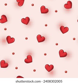 Seamless pattern with scattered red hearts, beads, halftone shapes. Valentines day design on white background. Vintage illustration for prints, clothing, surface design
