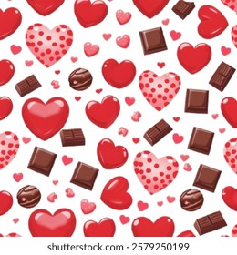 a seamless pattern with scattered red hearts and chocolates of varying sizes and styles on a white background. Include solid, outlined, and polka-dotted hearts for variety.