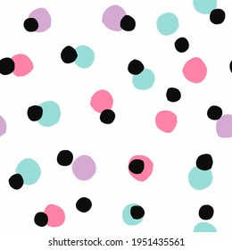 Seamless pattern with scattered round spots. Drawn with a watercolor brush. Vector illustration. White, blue, purple, pink, black.