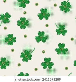 Seamless pattern with scattered shamrocks leaves, beads, halftone shapes. St Patricks Day design on white background. Vintage illustration for prints, clothing, surface design