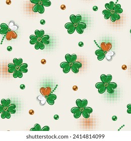 Seamless pattern with scattered shamrocks leaves, beads, halftone shapes. St Patricks Day design on white background. Vintage illustration for prints, clothing, surface design