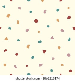 Seamless pattern with scattered small organic and geometric shapes. Simple vector illustration.