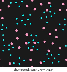 Seamless pattern with scattered small round spots. Vector illustration. Black, pink, turquoise.