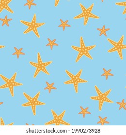 Seamless pattern of scattered starfish yellow stars on a light blue textured background illustration for textiles, kids, swimwear, beach house decor, gift wrapping paper and beach wedding invitations.