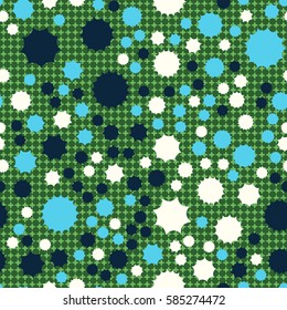 Seamless pattern. Scattered stars. Colored sun. Chaotic colored spots. Flat. Background of rounded small crosses (squares).