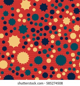 Seamless pattern. Scattered stars. Colored sun. Chaotic colored spots. Flat. Background of rounded small crosses (squares).