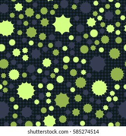 Seamless pattern. Scattered stars. Colored sun. Chaotic colored spots. Flat. Background of rounded small crosses (squares).