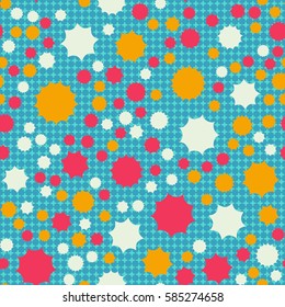 Seamless pattern. Scattered stars. Colored sun. Chaotic colored spots. Flat. Background of rounded small crosses (squares).