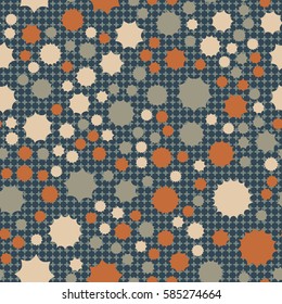Seamless pattern. Scattered stars. Colored sun. Chaotic colored spots. Flat. Background of rounded small crosses (squares).